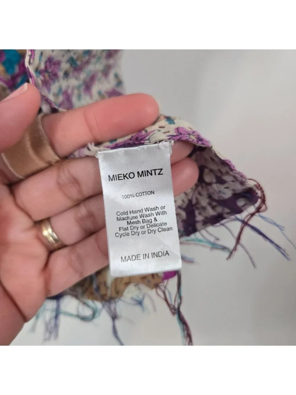 Mieko Mintz Purple & White Hand Stitched Floral Kantha Fabric Scarf Shawl Cotton